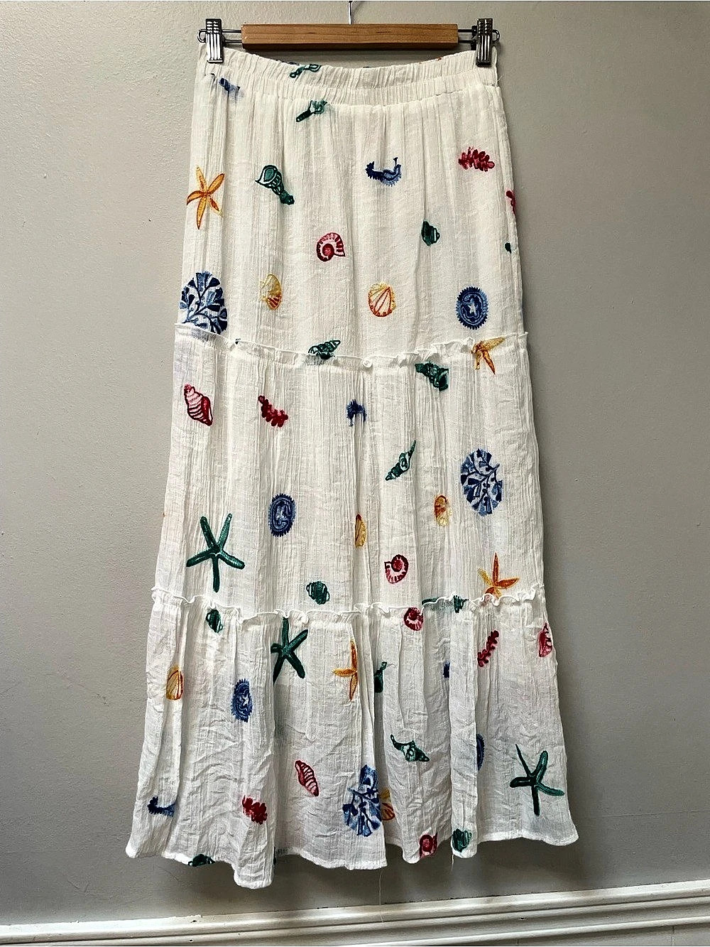 Sapphire Embroidered Tiered Maxi Skirt Beach Vacation Cruise White Sz S